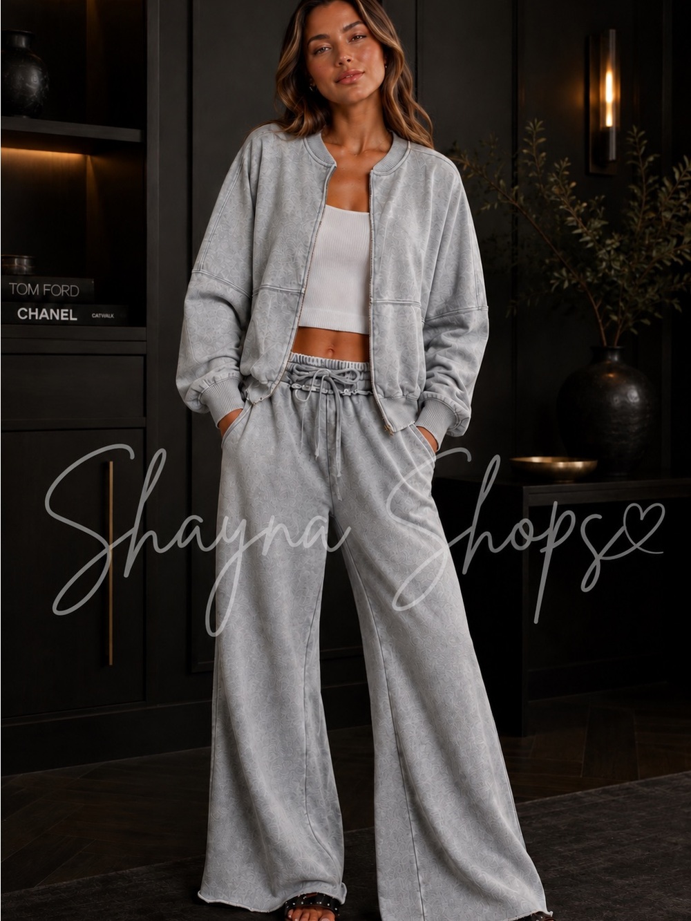 Zenana Sleet Acid Wash Fleece Jacket & Wide Leg Palazzo Sweatpants Set